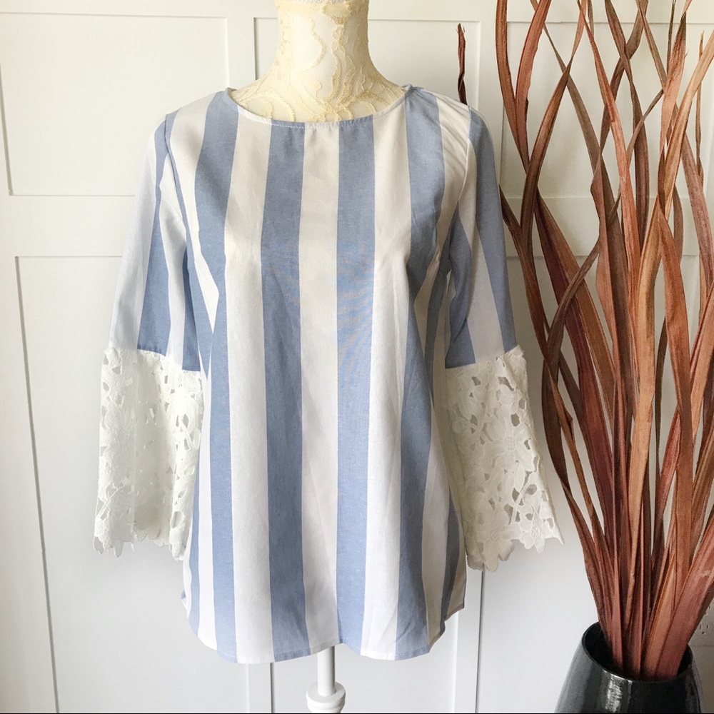 Lace Bell Sleeve Cotton Stripe Top